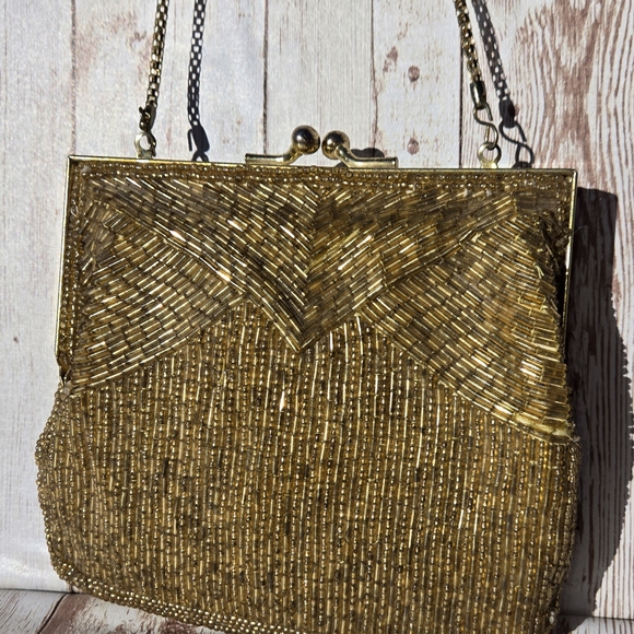 unbranded Handbags - Vintage Gold Amber Beaded Evening Bag Clutch w/ Chain Strap Prom Wedding